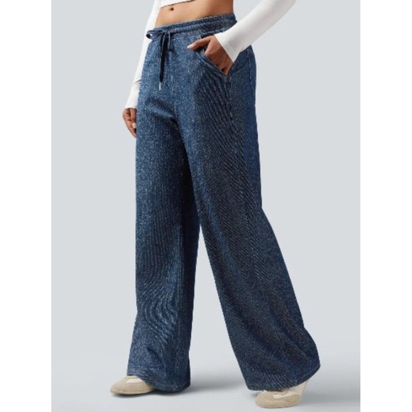 HALARA Denim - Halara Flex L Low Rise Drawstring Wide Leg Silver Shine Casual Sweatpants Jeans